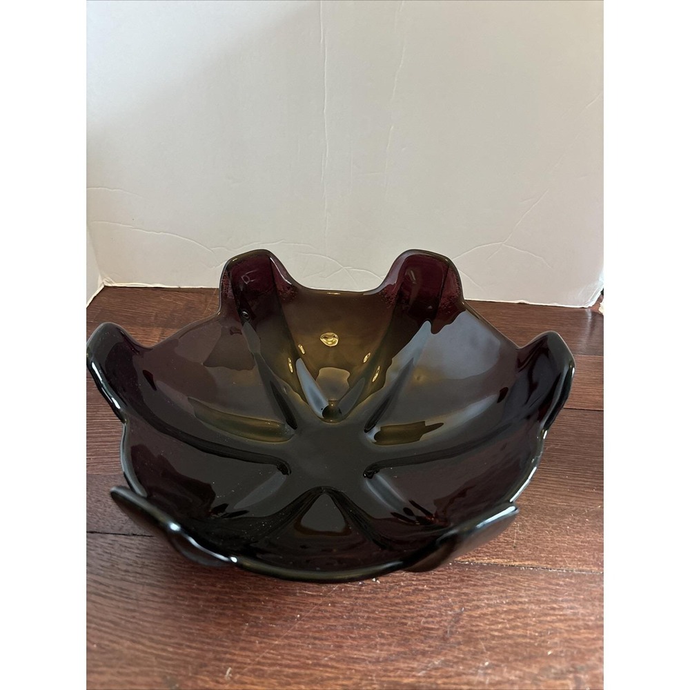 Vintage Art Glass Dish Dark Plum Flower Petal Design MCM Beautiful